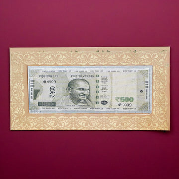 Fine pure silver currency notes for gift bar colour 500 with 999 Purity for gift in happy birthday & happy anniversary.Festive gift pack for pooja & Dhanteras diwali