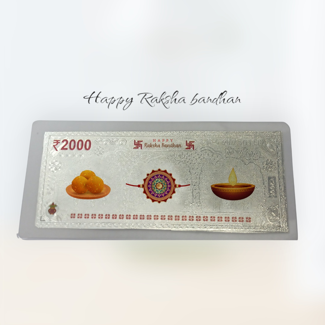 Silvorah Rakhi Special - Fine pure custom silver currency notes for gift bar colour 500 with 999 Purity for gift in happy birthday & happy anniversary.Festive gift pack for Rakhi.