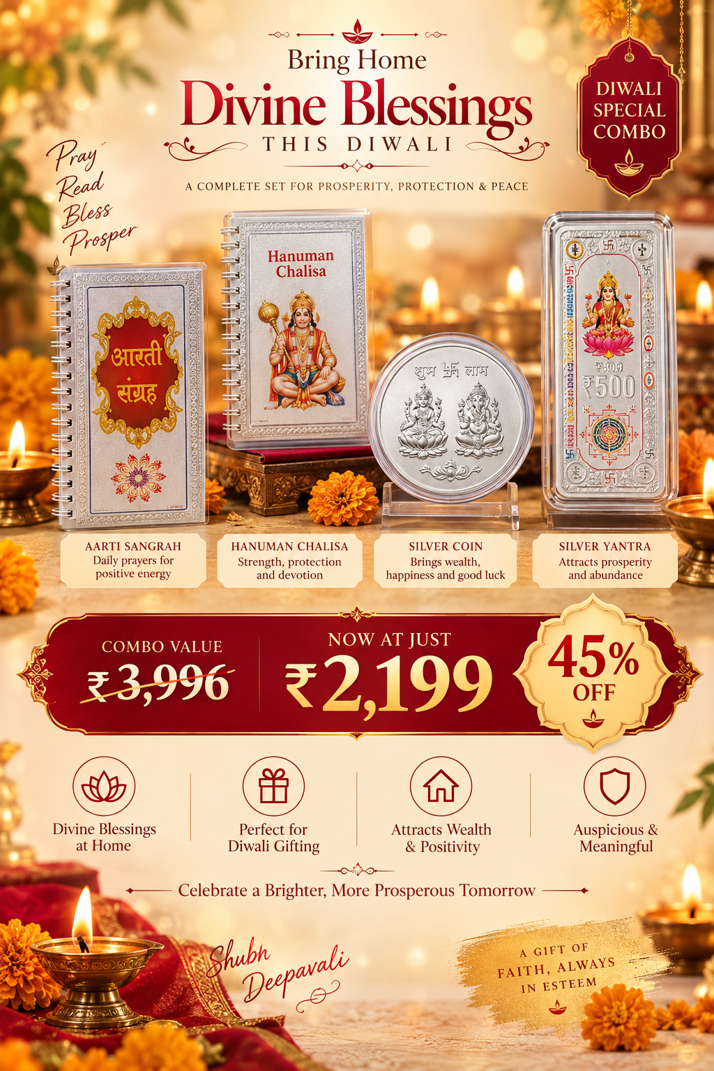 Diwali Special 4-in-1 Spiritual Gift Combo – Aarti Sangrah, Hanuman Chalisa, Silver Coin & Silver Yantra