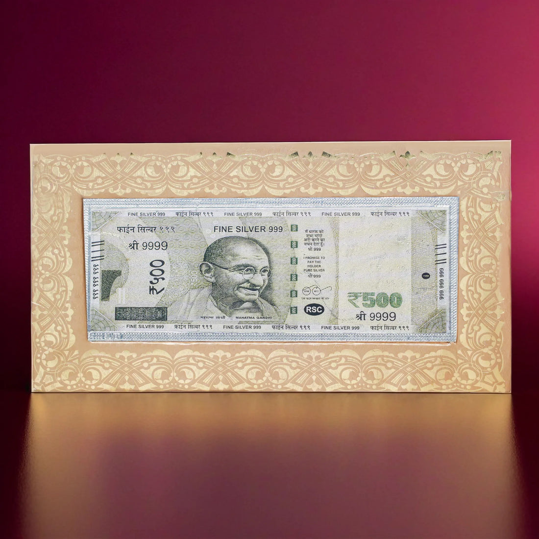 Fine pure silver currency notes for gift bar colour 500 with 999 Purity for gift in happy birthday & happy anniversary.Festive gift pack for pooja & Dhanteras diwali
