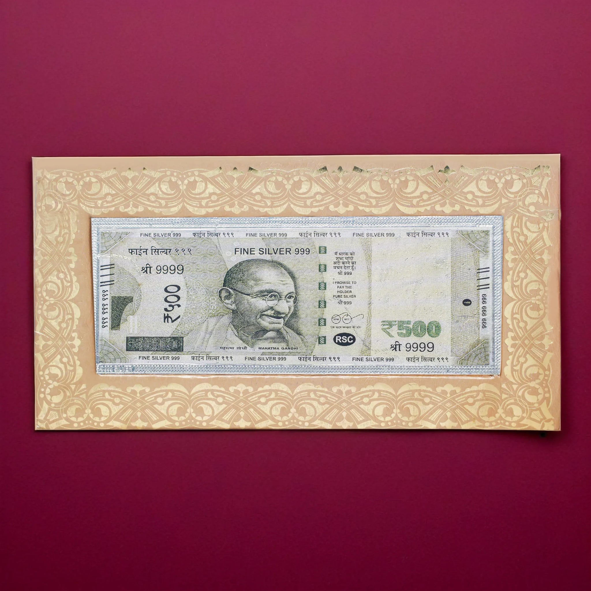 Fine pure silver currency notes for gift bar colour 500 with 999 Purity for gift in happy birthday & happy anniversary.Festive gift pack for pooja & Dhanteras diwali
