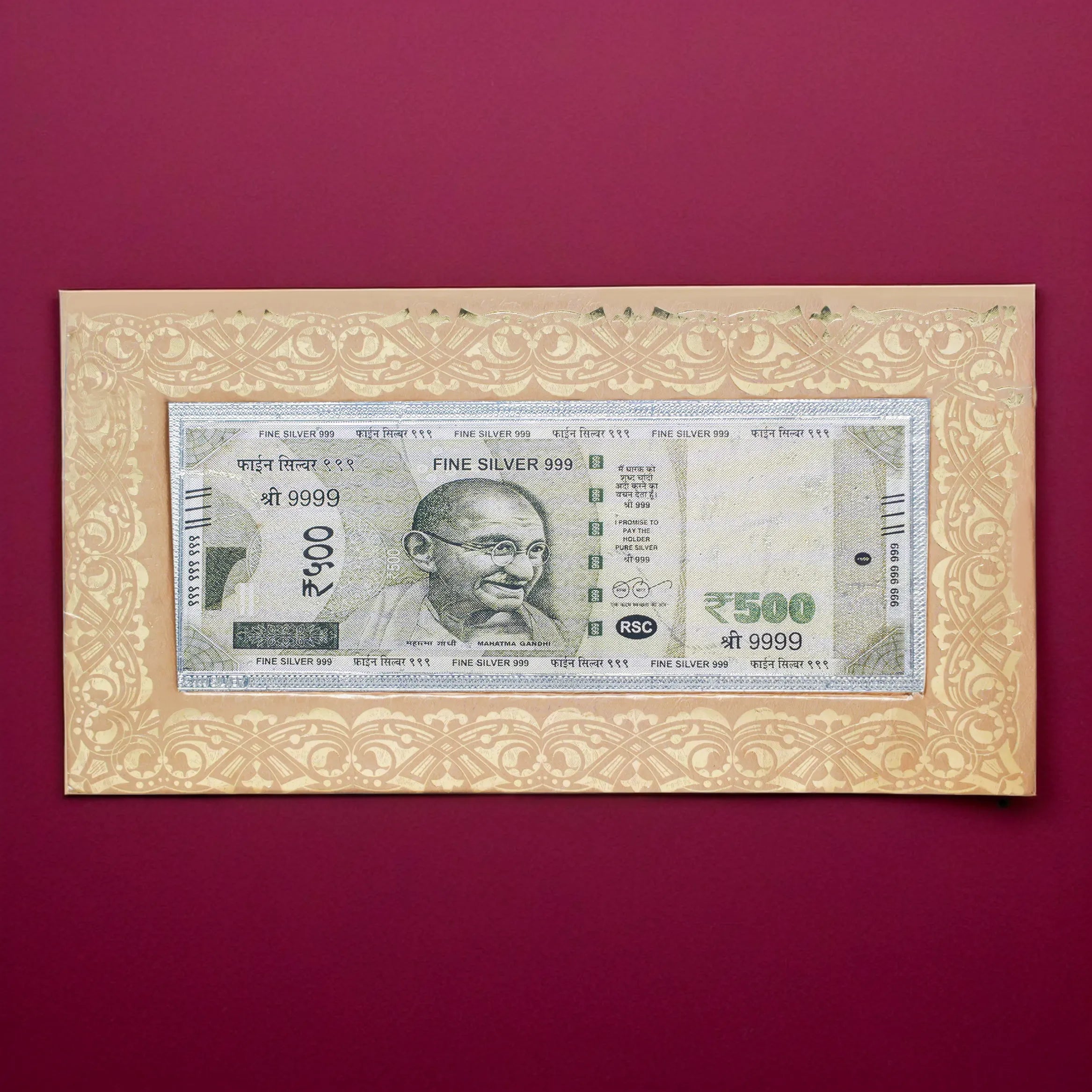 Fine pure silver currency notes for gift bar colour 500 with 999 Purity for gift in happy birthday & happy anniversary.Festive gift pack for pooja & Dhanteras diwali