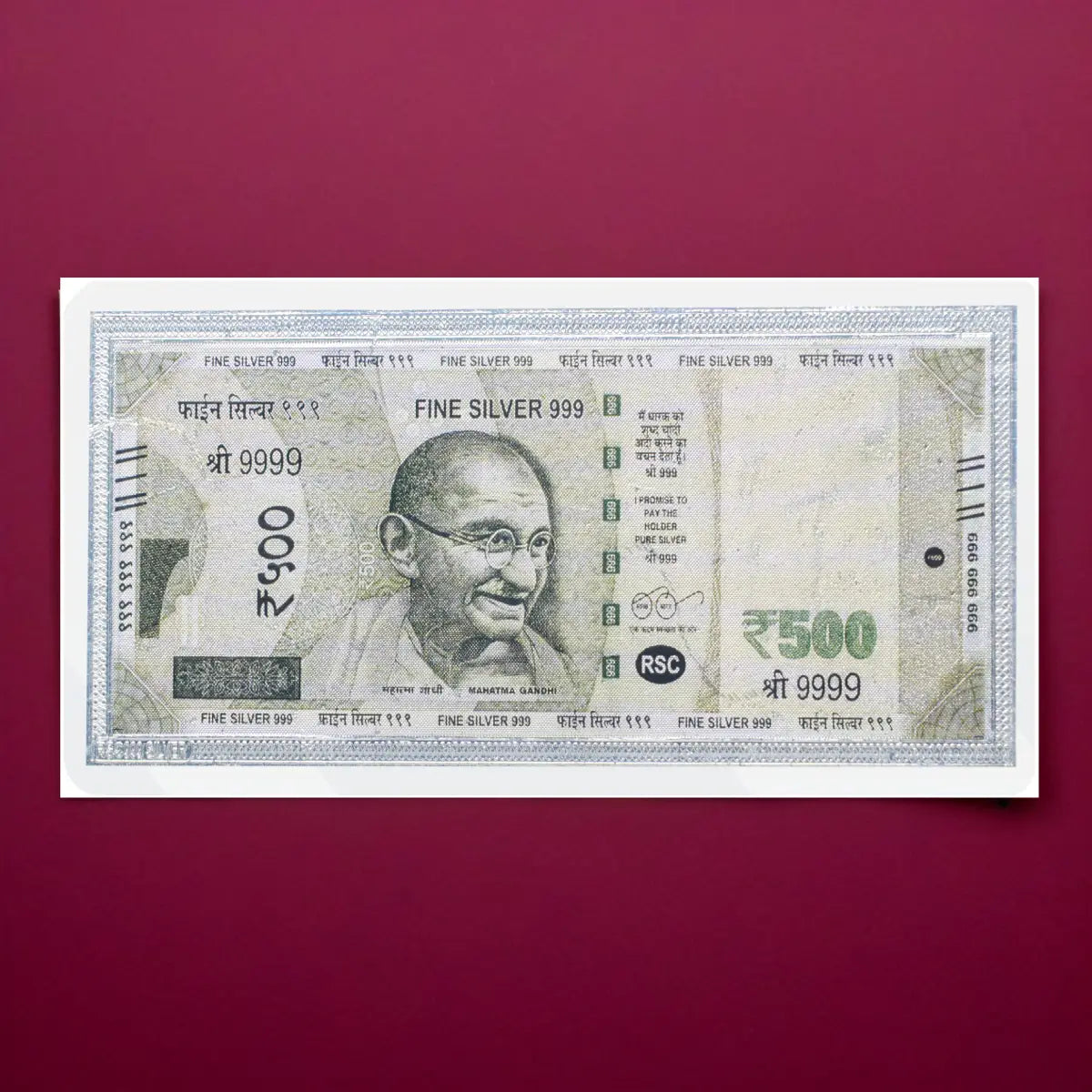Fine pure silver currency notes for gift bar colour 500 with 999 Purity for gift in happy birthday & happy anniversary.Festive gift pack for pooja & Dhanteras diwali